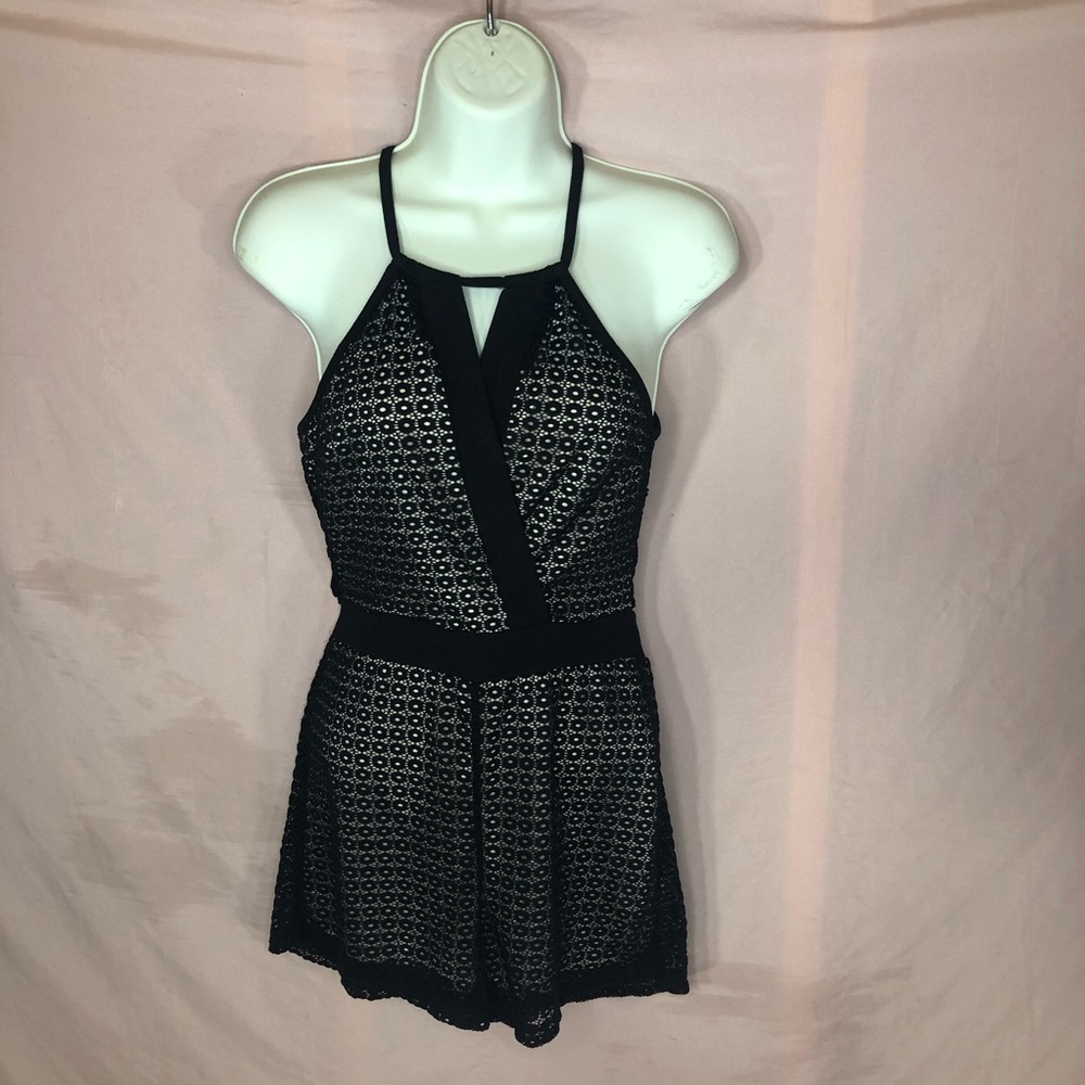 Black Lace Romper with Strappy Halter Neck Size Small XS